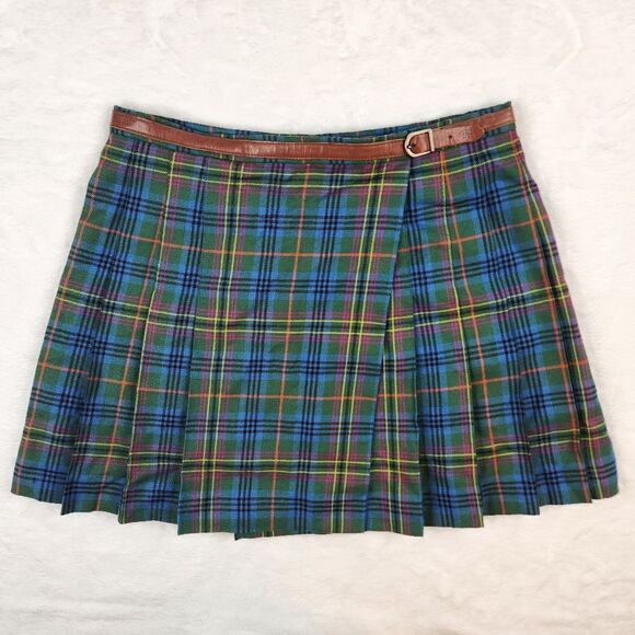 VTG Ralph Lauren Wool Tartan Plaid Pleated Belted Wrap Mini Skirt Sz 10 - Picture 1 of 13